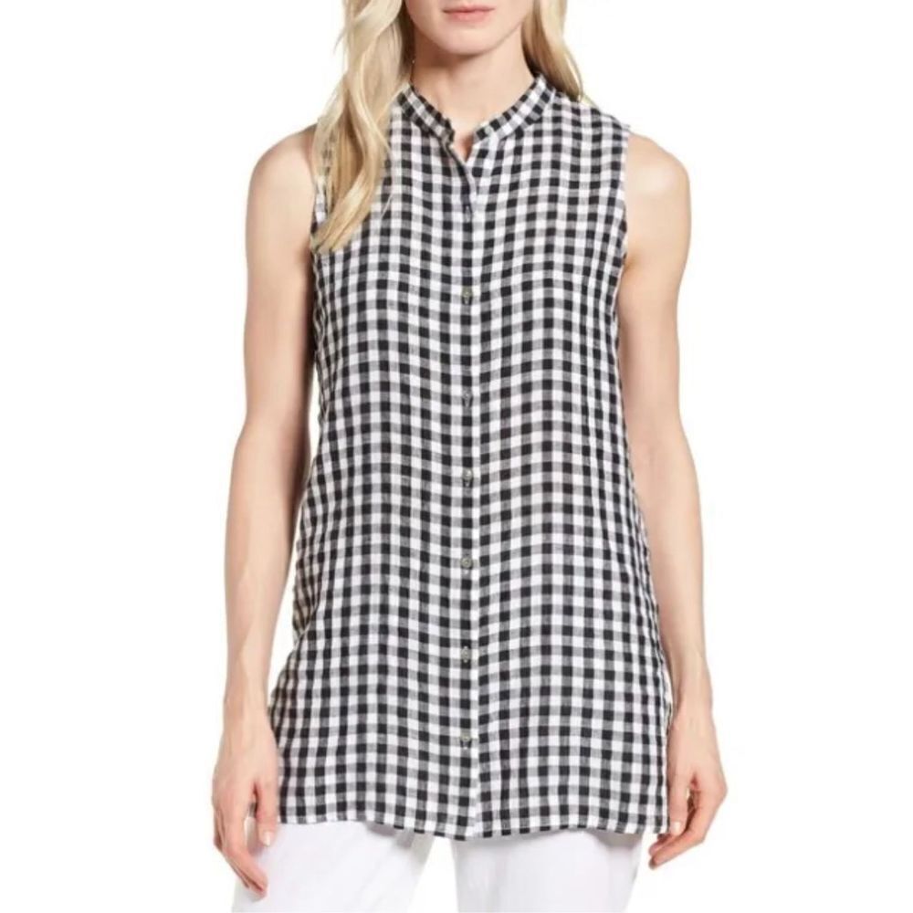 Eileen Fisher Womens Gingham Organic Linen Sleeveless Tunic Black Small NWT